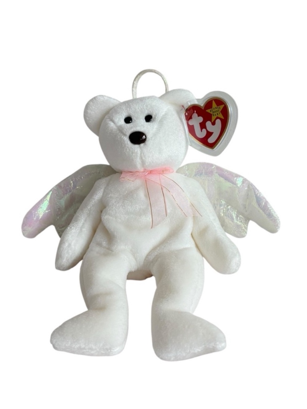 Ty White Angel Bear Halo Plush with Iridescent Wings and Pink Bow
